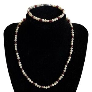Vintage Genuine Rice Pearls & Almandine Garnet Beaded Necklace & Bracelet Set